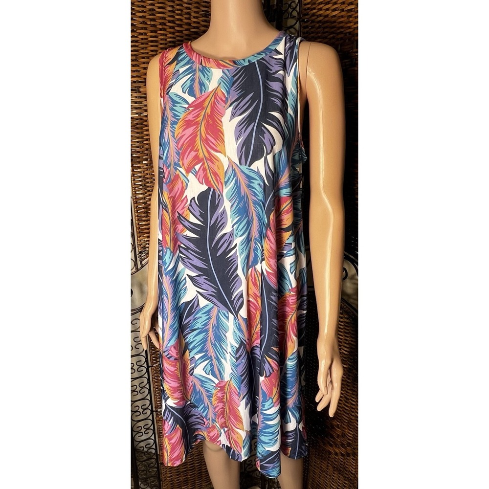 Bom Bom Women's Feather Print Pattern Tank Dress Large Multicolored Cool‎ Fabric